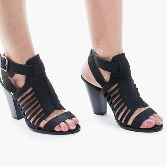 Y Not? Yummy Black Open Toe Caged Ankle Wrap Stacked Heel Sandals Size Women 9.5 - Picture 1 of 12